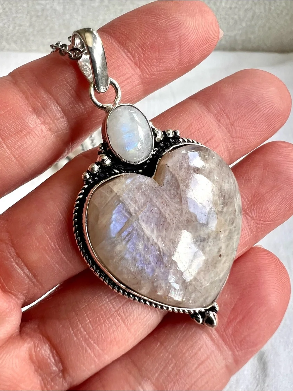 925 OMG OMG Blue Flash Peach Moonstone ❤️ Heart Pendant Necklace